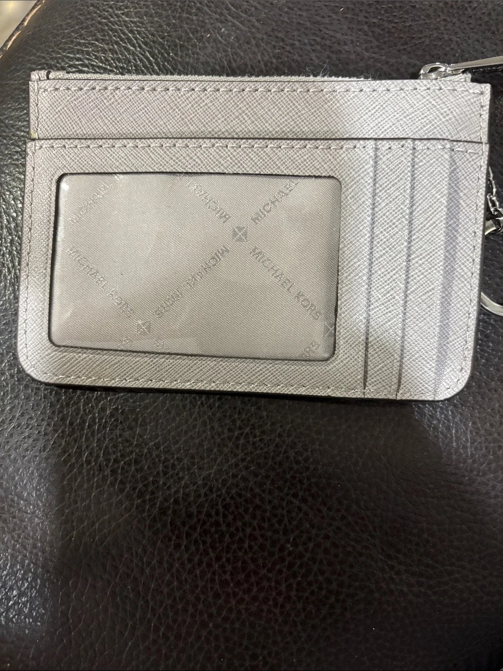 Michael Kors Silver-Tone Light Gray Saffiano Zip Key Card Case